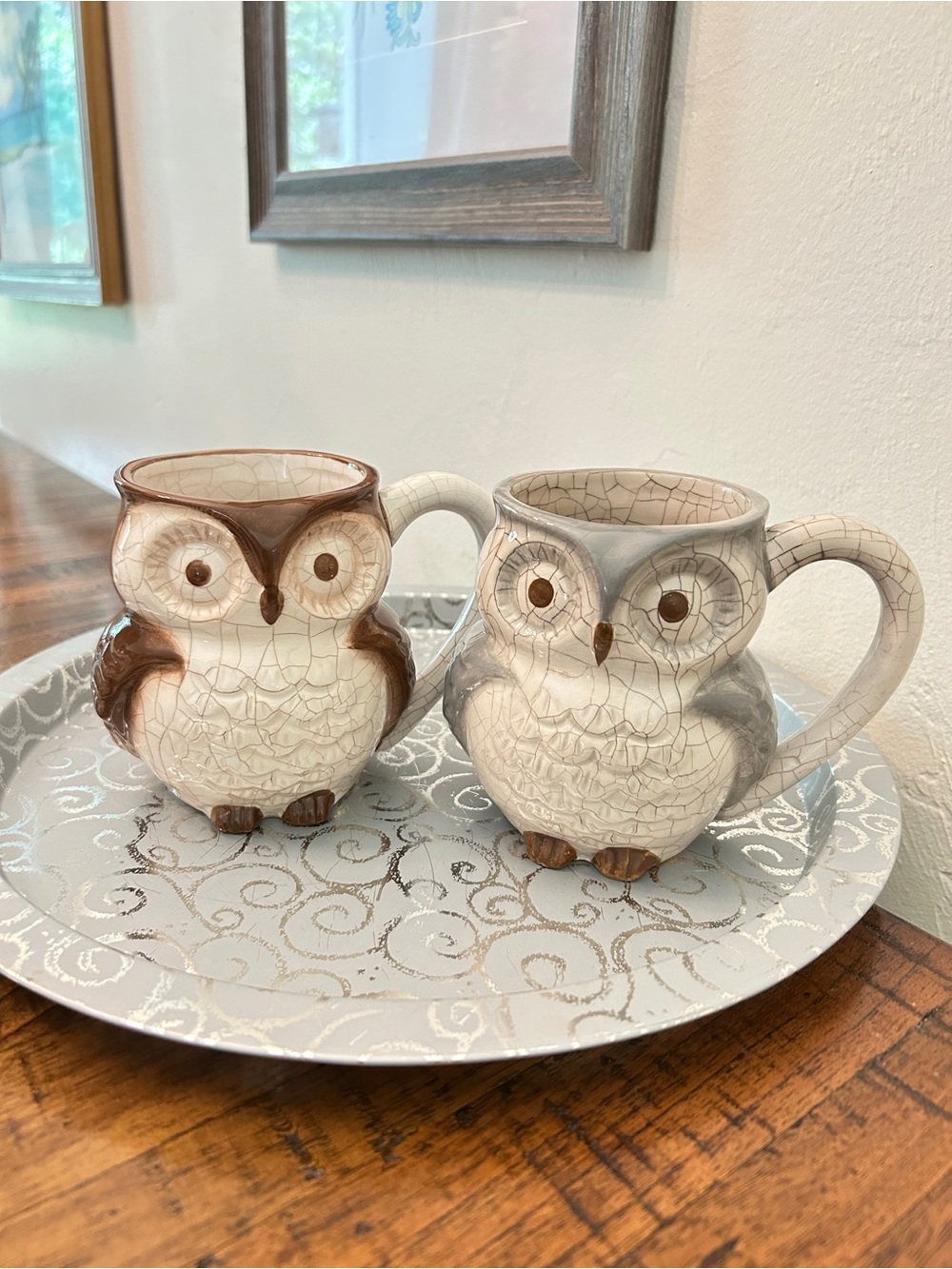 Cost Plus World Market Owl Mugs in Brown and Gray-Cream